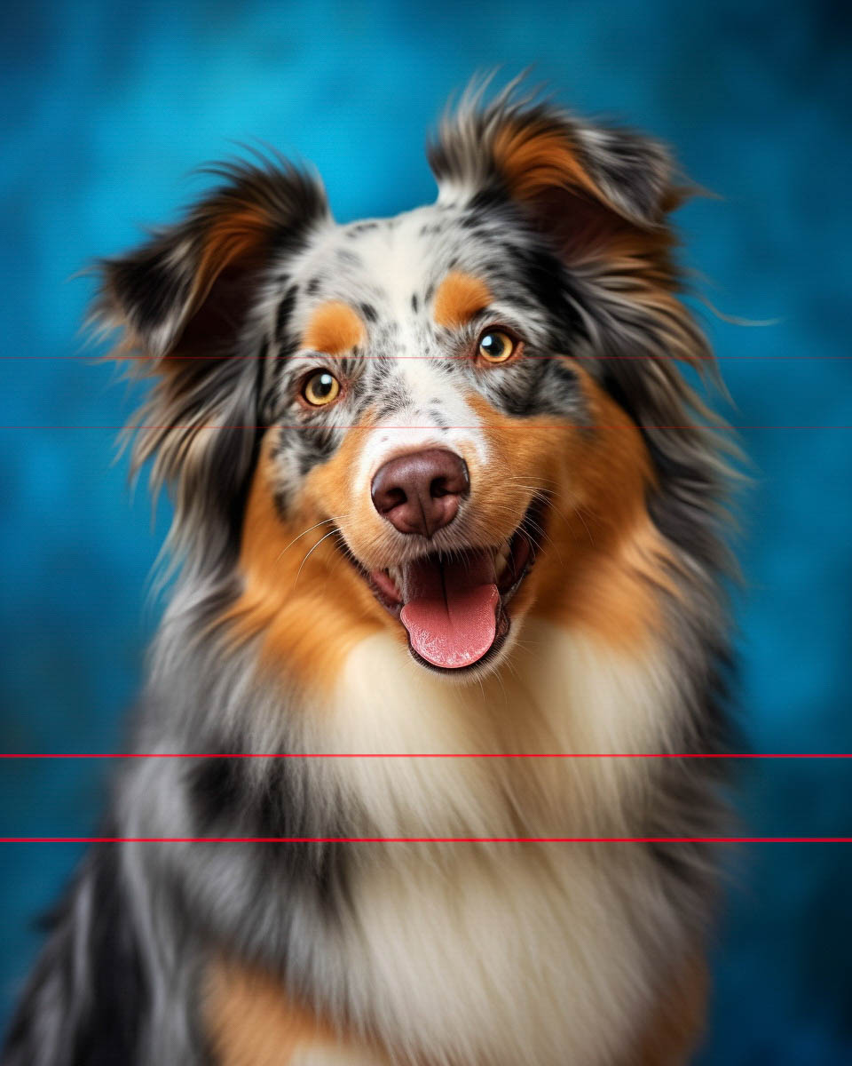 A vibrant portrait of an Australian shepherd with a multicolored coat, vivid blue eyes, and an alert expression. The pet's tongue is out, and the background is a blurred blue.