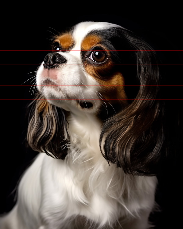 Cavalier King Charles Spaniel Portrait with deep brown eyes and silky black, chestnut and white fur, set against a black backdrop with cinematic lighting and chiaroscuro.