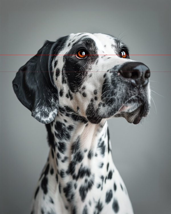 Portrait picture of black and white great dane in stunning 3/4 headshot pose. Bright in focus brown eyes with soft gray background.