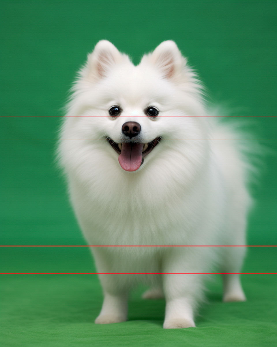 A fluffy white Japnese Spitz / Am Eskimo Dog with a joyful expression, panting with its tongue out, stands in front of a green background. The portrait is crisp