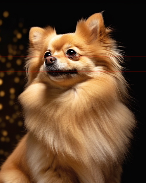 A cinematically lit Close-Up Picture pet portrait of a happy Pomeranian in profile, beautifully groomed, with black background. The dog's fur is golden and fluffy, it has bright, alert eyes and a sweet gentle expression.