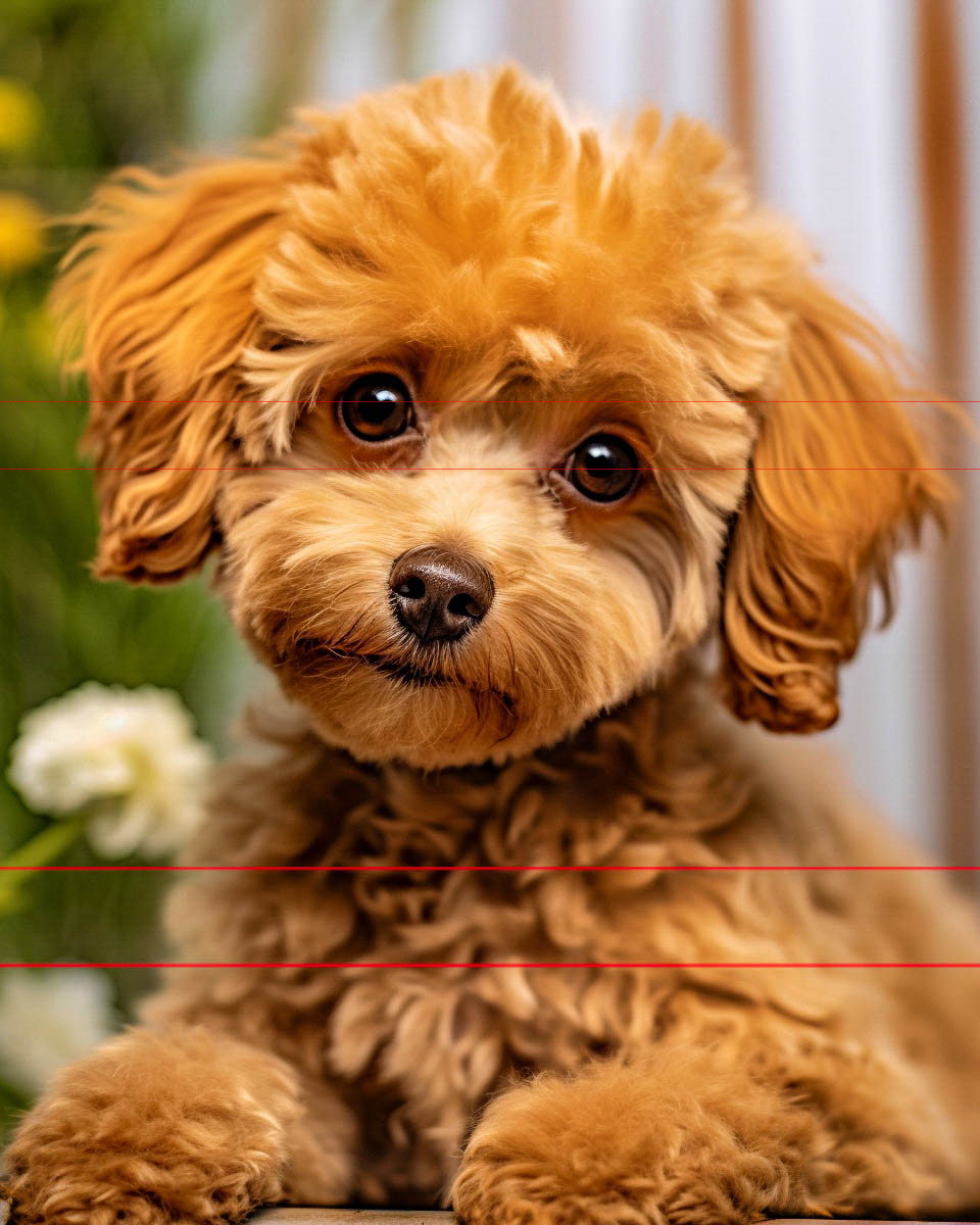 A portrait of a white and apricot poodle with large expressive eyes and fluffy ears, against a dark background. the poodle's fur is styled with a short body clip and a poofy head, capturing a solemn and attentive expression.