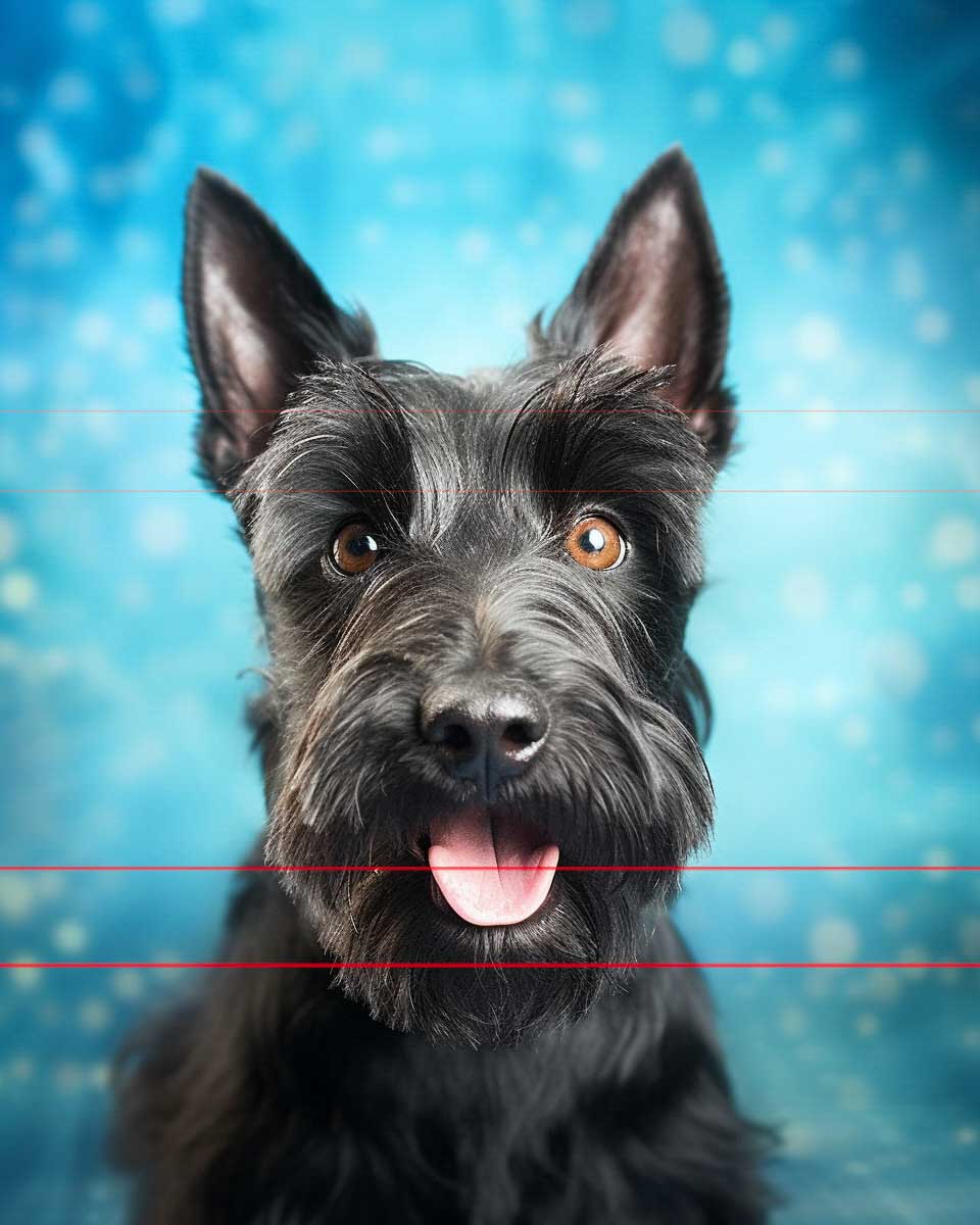 Portrait black Scottish Terrier with perky ears, bright amber eyes looking directly at viewer, playful expression and sparkling turquoise background.