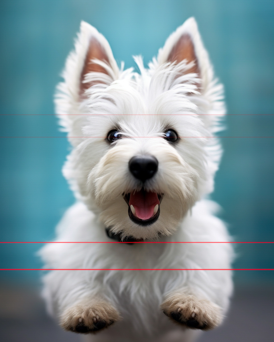 A close-up portrait of a joyful west highland white terrier with its ears perked up, mouth open in a happy expression, leaping towards the viewer, against a soft blue background.
