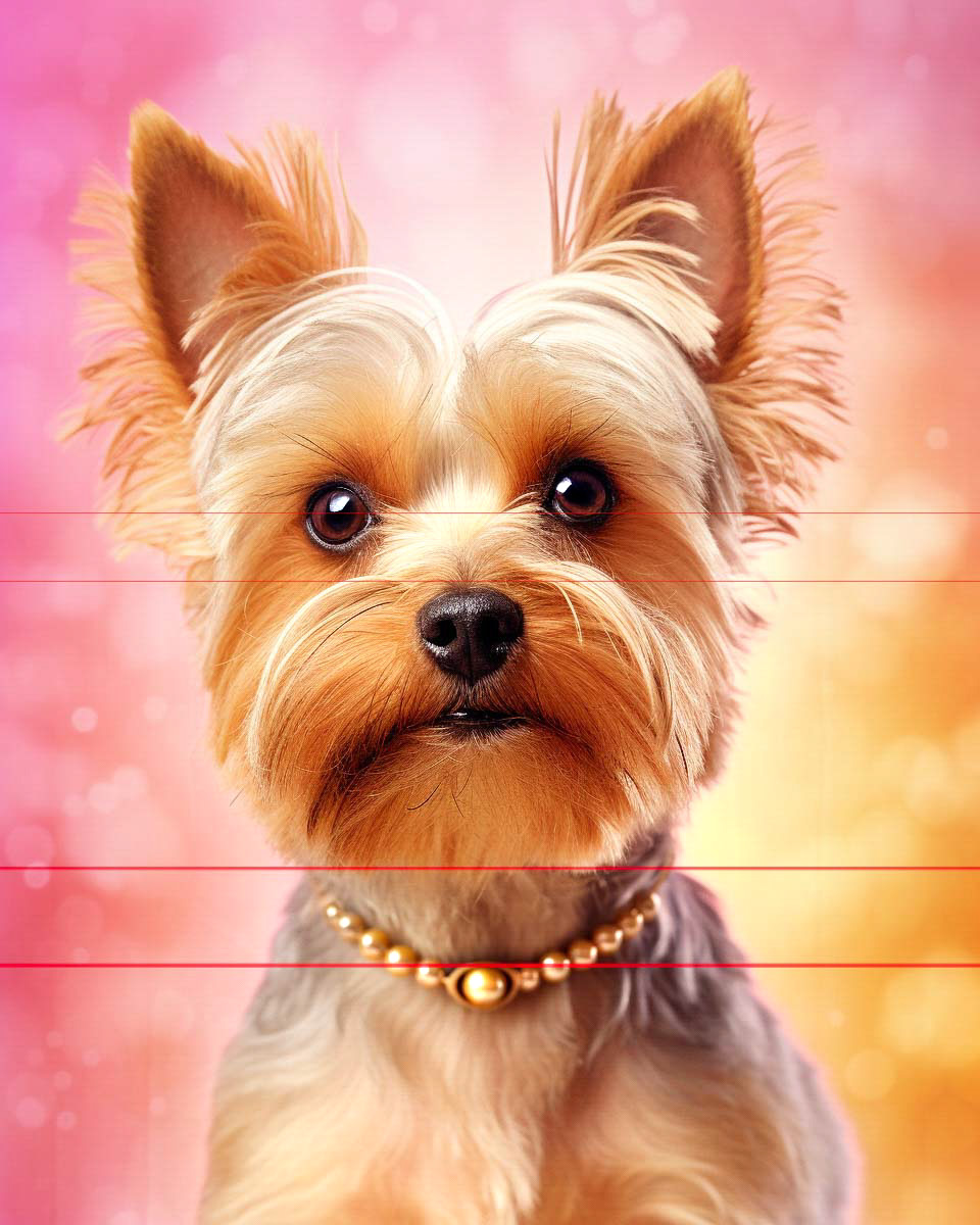 A Close-Up Picture portrait of a yorkshire terrier with alert, perked up ears and a jeweled collar with faux pearls, set against a soft pink and orange blurred background. the dog has a golden and gray silky coat and expressive brown eyes.