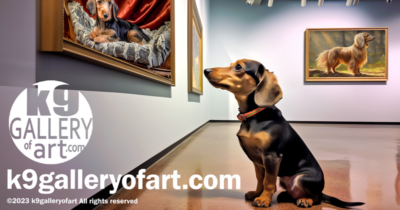 DA dachshund inside an art gallery, looking curiously to the side. the gallery displays paintings of dogs, including a portrait of a similar dachshund. Website logo k9galleryofart.com is prominently featured.