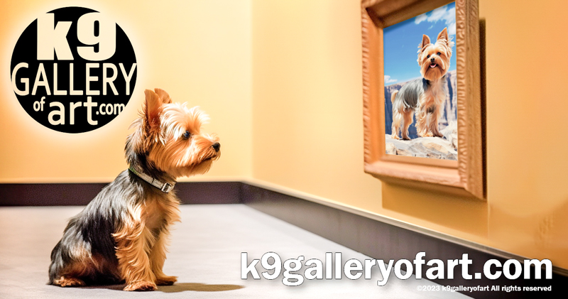 A Yorkshire Terrier attentively looks at a framed portrait of itself on a gallery wall. k9 gallery of art logo and website prominently displayed.