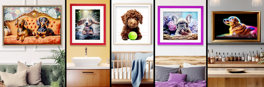 Five framed pictures of dogs in lifestyle settings, 2 dachshunds on bidermeyer couch in livingroom, wet beagle shaking off water hung over a sink in a bathroom, a playful poodle with green tennis ball hung over a child's crib, a french bulldog over a bedroom headboard, and a golden retriever in gold frame horizontal over a bar