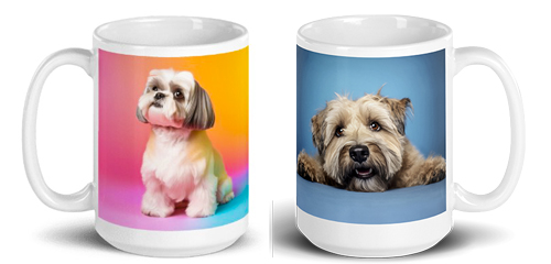 Large 15 oz. white ceramic mug features an image of a small, fluffy Shih Tzu dog seated against a vibrant gradient rainbow background transitioning from pink to yellow to blue. The dog has long, silky fur and is looking slightly upward and to the side, in an adorable expression.