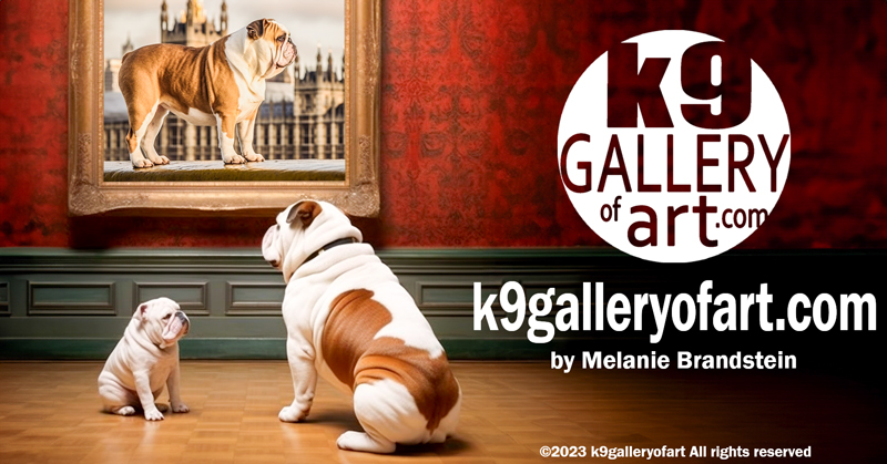Adult English Bulldog brings its puppy to museum to see his proud English heritage, a painting in large gilded frame of portly English Bulldog in front of Big Ben.