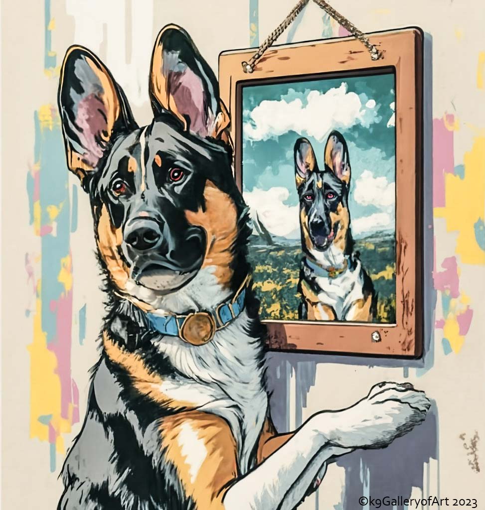 German Shepherd Hangs His Portrait. illustration of german shepherd leaning on the wall looking away so you can see his likeness in the small photo of him in a rustic frame on the wall