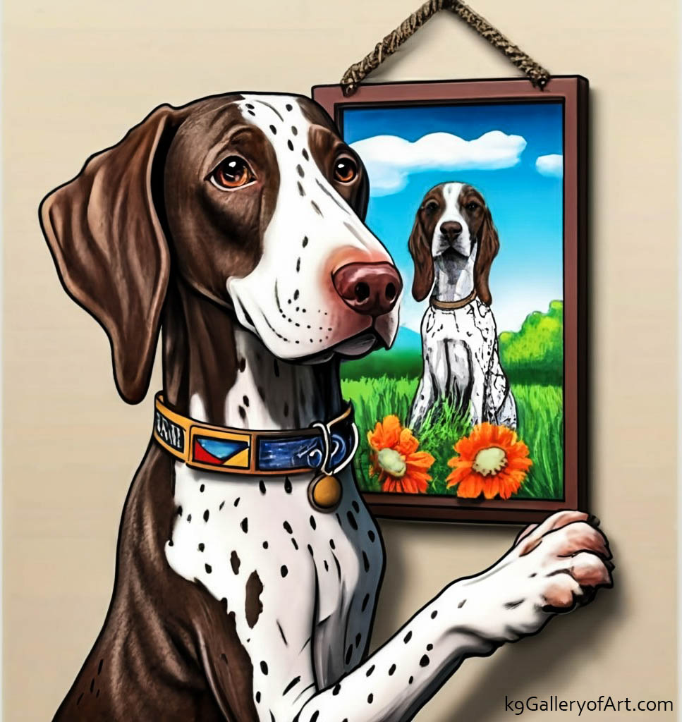 German Shorthaired Pointer Hangs His Portrait. illustration of German Shorthaired Pointer leaning on the wall looking away so you can see his likeness in the small photo of him in a rustic frame on the wall