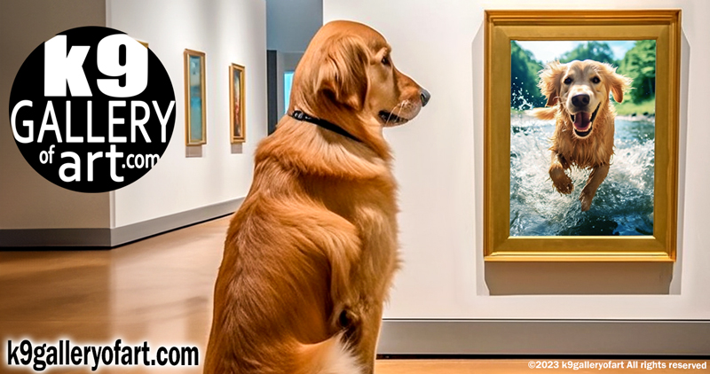 A golden retriever gazes at a painting in an art gallery depicting another golden retriever joyfully running through water. the gallery walls are adorned with other artworks, and a sign reads k9 gallery of art.