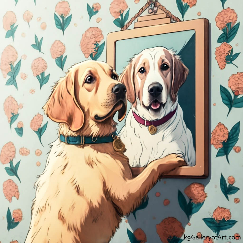 Golden Retriever Hangs His Portrait. illustration of Golden Retriever leaning on the wall looking away so you can see his likeness in the small photo of him in a rustic frame on the wall