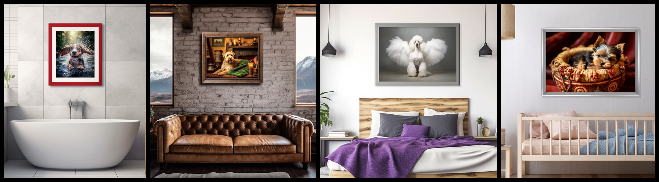 4 rooms showing k9galleryofart framed prints in a bathroom, livingroom, bedroom, and nursery