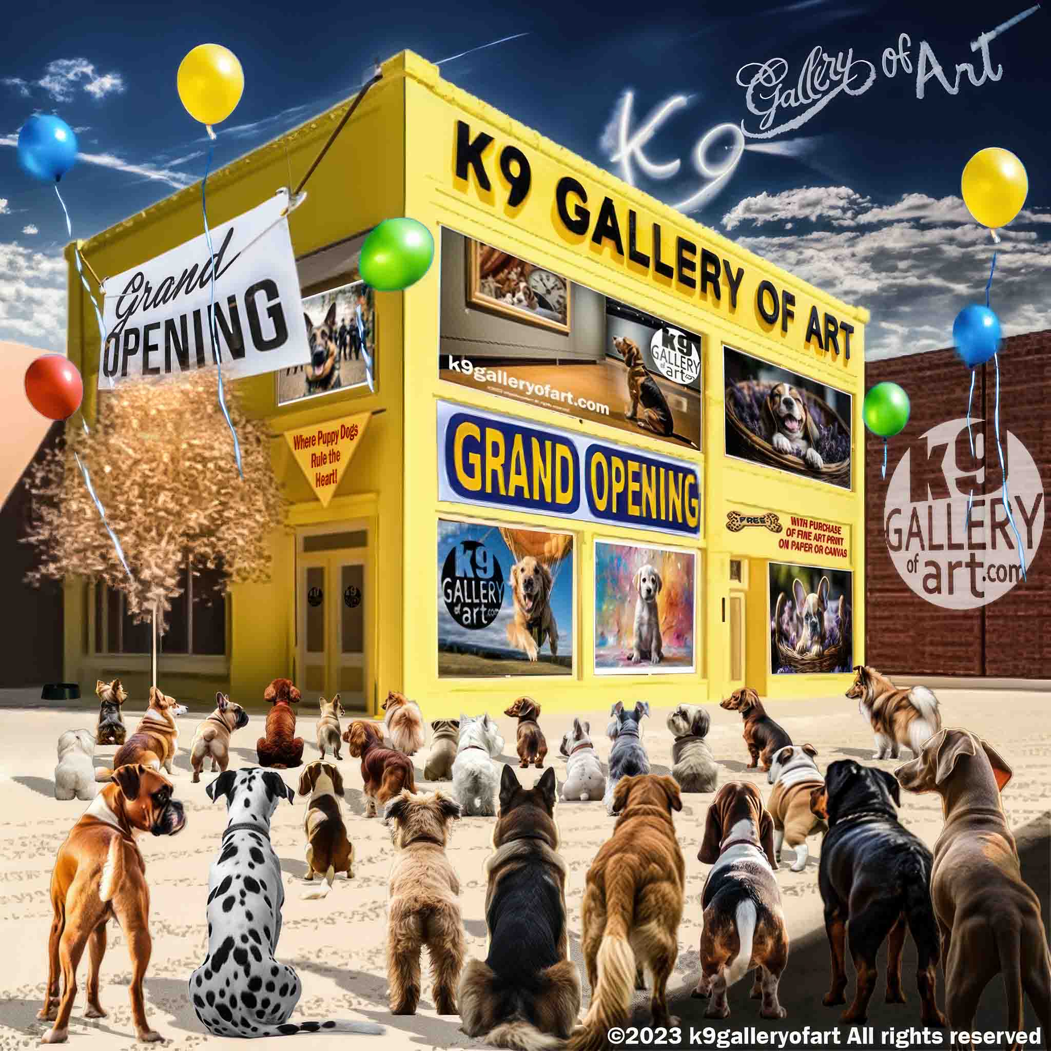 k9galleryofart Illustration of Yellow Building with Grand Opening Signing, Skywriting, Balloons, and all breeds of dogs sitting outside the building. k9 Gallery of Art Logo.