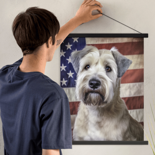 boy holding up magnetic print hanger to hang picture of American Dog Wheaten Terrier artwork on wall