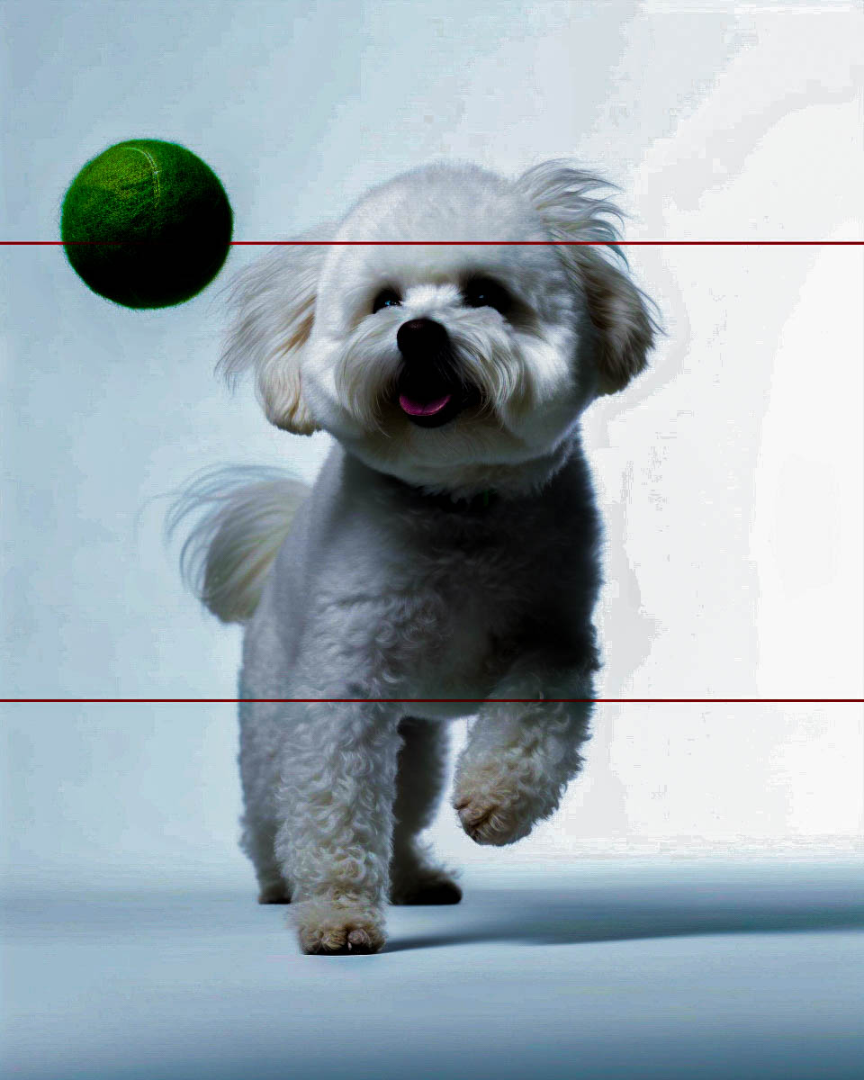 Bichon Frise on solid white background Spots a bright green Tennis Ball in the air coming his way