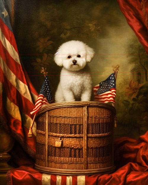 Bichon Frise sits up in a unique wicker basket in surrounded by large and small American flags, reminiscent of a vintage political stump speech podium with a cute Bichon giving the speech.