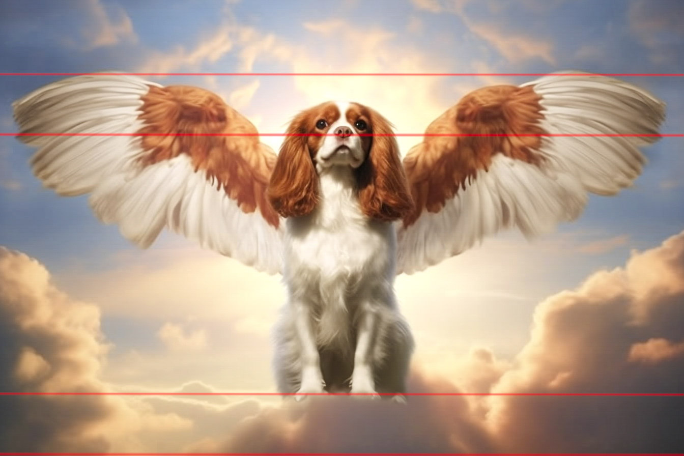 King Charles Cavalier Spaniel Angel with white and red body and Wings, a frontal pose sitting on a cloud with pale blue sky and sunlight from behind dog