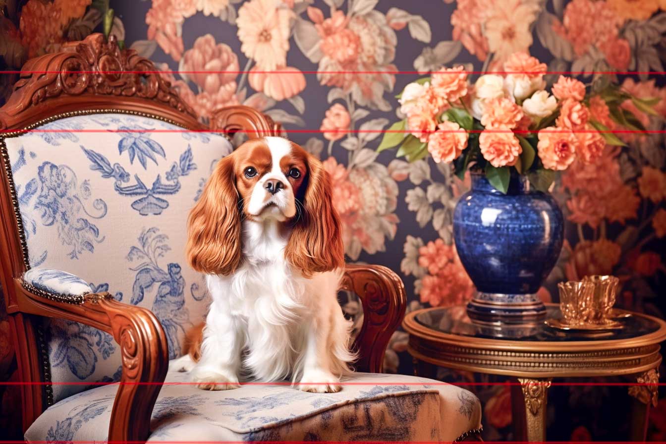 A  Cavalier King Charles Spaniel with a white and chestnut coat sits on an ornate chair with blue floral upholstery. Next to the dog is a round table with a blue vase filled with peach-colored flowers. The background features a floral-patterned wallpaper in the style of an elegant English interior.