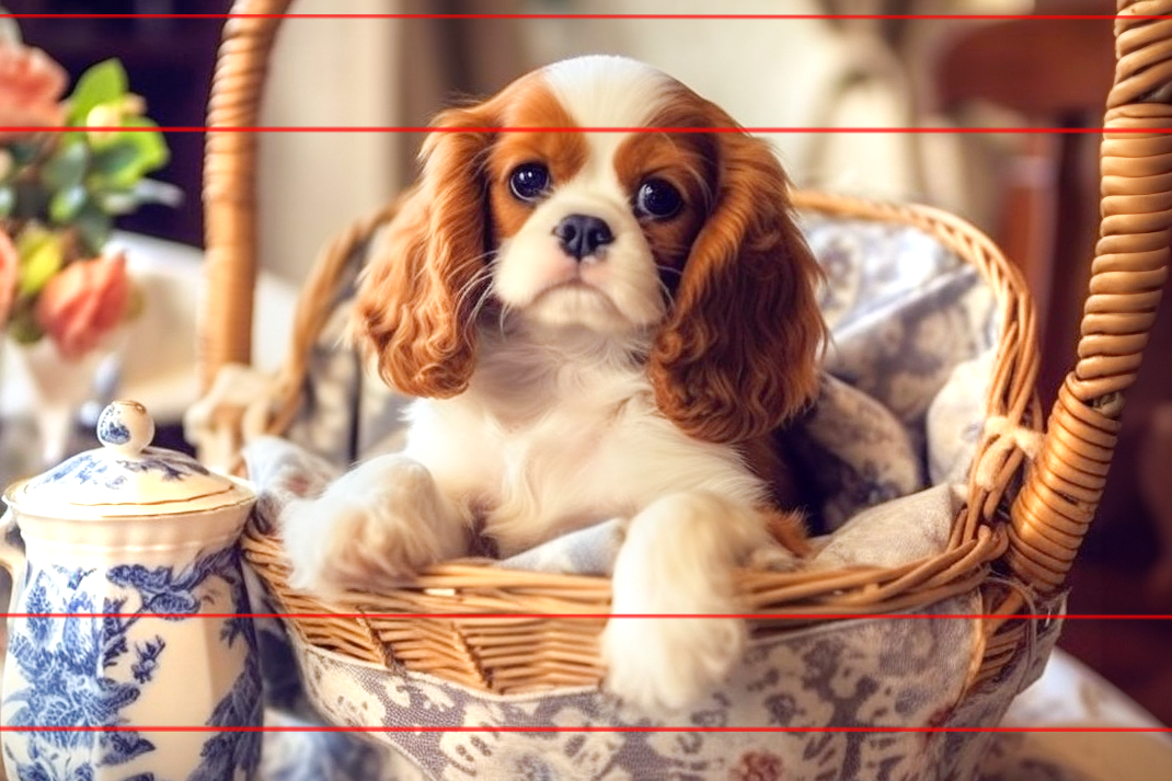 King Charles Cavalier Spaniel Puppy in basket, blue and white linens and tea pitcher, English tea