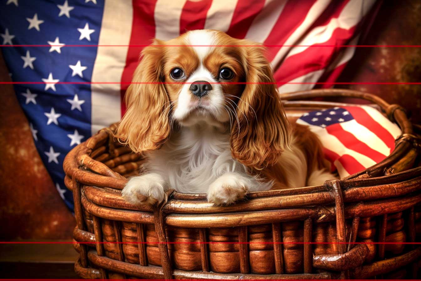red & white King Charles Cavalier Spaniel Puppy Sits in Wicker basket in front of draped American Flag