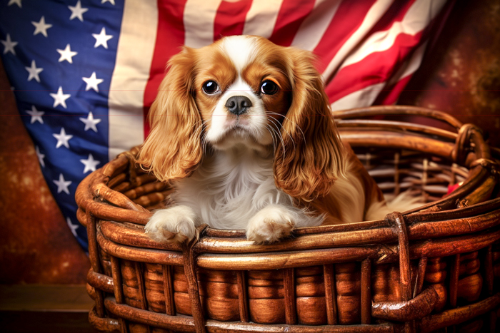  A small brown and white Cavalier King Charles Spaniel sits in a woven basket looking at the viewer. Behind the dog, an American flag is draped. The background has a warm, rustic appearance as the dog's paws rest on the edge of the basket, making for an adorable picture.