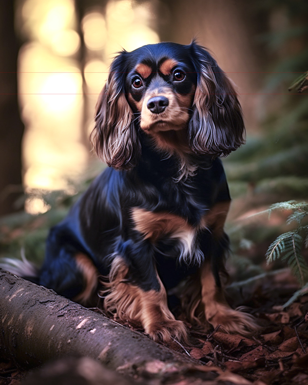 A long-haired, black and tan dog with expressive eyes sits on the forest floor. Light streams through the trees in the background, illuminating its fur. The picture captures the dog attentive and curious amidst the surrounding greenery and fallen leaves.