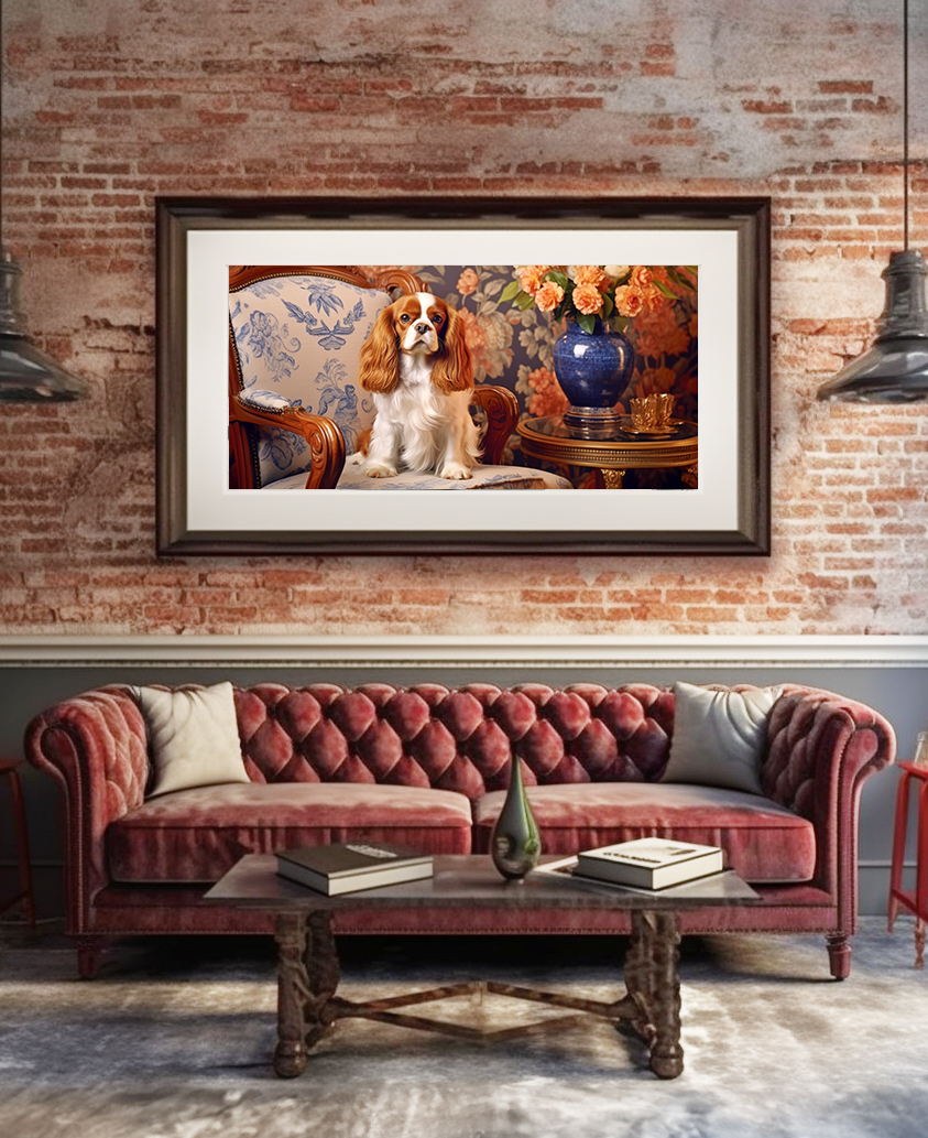 An artfully decorated room features a brick wall with a large framed painting of a Cavalier King Charles Spaniel, flowers, and a blue vase. Below, a plush red velvet sofa and a rustic wooden coffee table create a cozy seating area. Two industrial pendant lights hang from the ceiling.