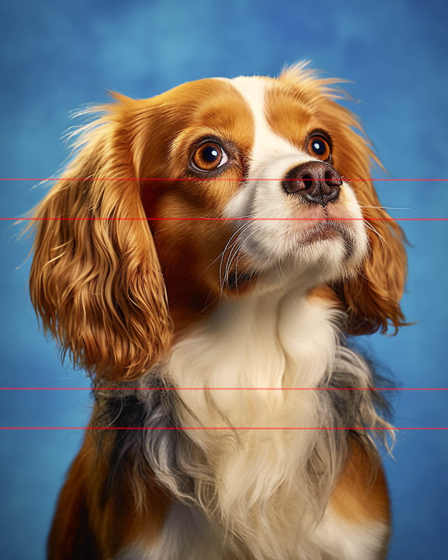  Cavalier King Charles Spaniel dog on a bokeh blue background. The dog is shown in a portrait orientation emphasizing its head and upper torso. The spaniel has a glossy chestnut and white coat with silky fur that frames its face and flows down its chest. The dog's eyes are large, round, and brown, with a gentle and alert expression.