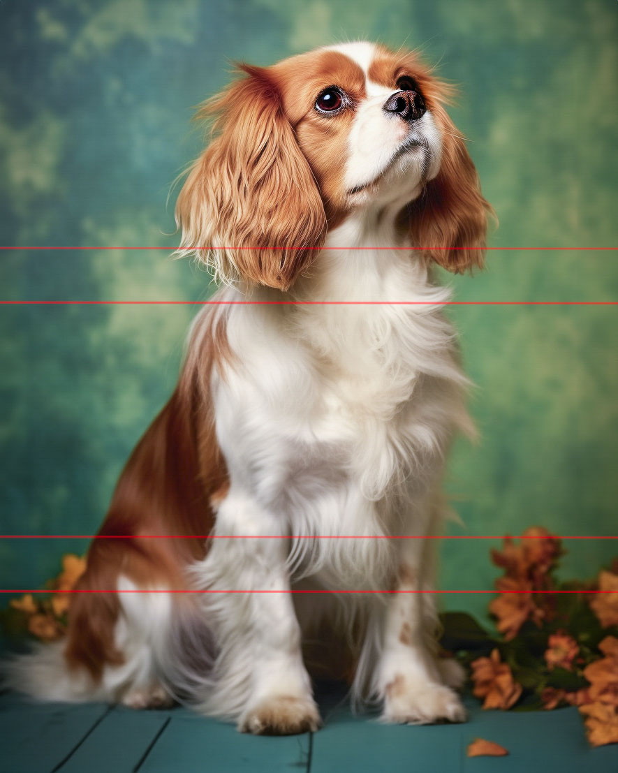 Cavalier King Charles Spaniel positioned in an upright, seated posture. The dog has a rich, chestnut and white Blenheim coat with long, feathered ears gracefully framing its face. It gazes upwards with large, dark, expressive eyes. In this portrait, the background is a blend of green tones.