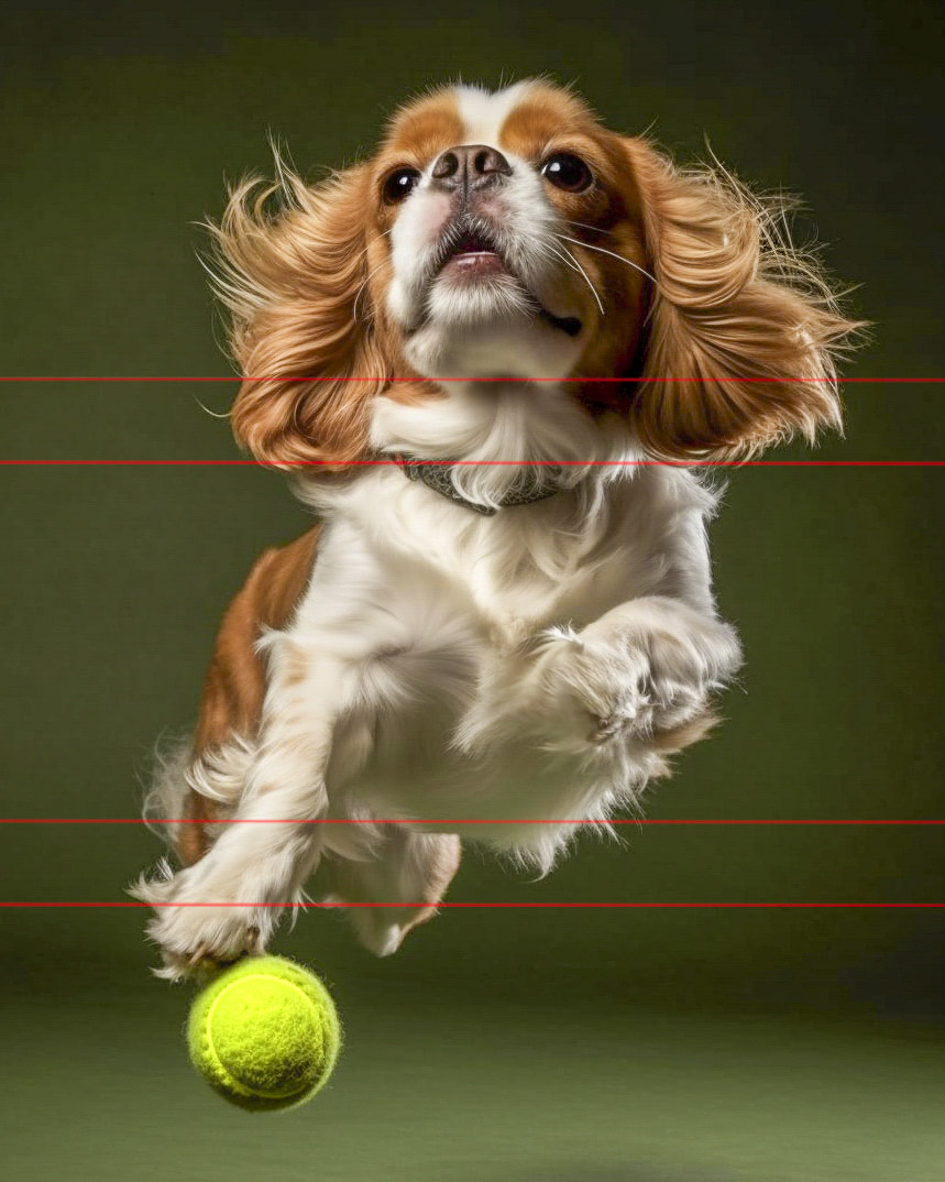  Cavalier King Charles Spaniel in mid-air, seemingly captured at the peak of its leap. The dog's ears and fur are fluttering gracefully with the motion of the jump.