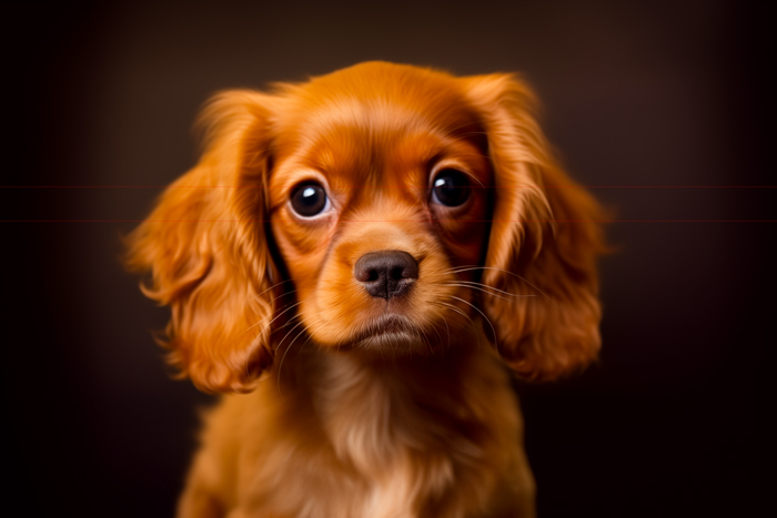 A picture captures a ruby color Cavalier King Charles Spaniel puppy with floppy ears and expressive, large dark eyes. Set against a dark, blurred background with brownish hues, the close-up makes the puppy's features stand out prominently.