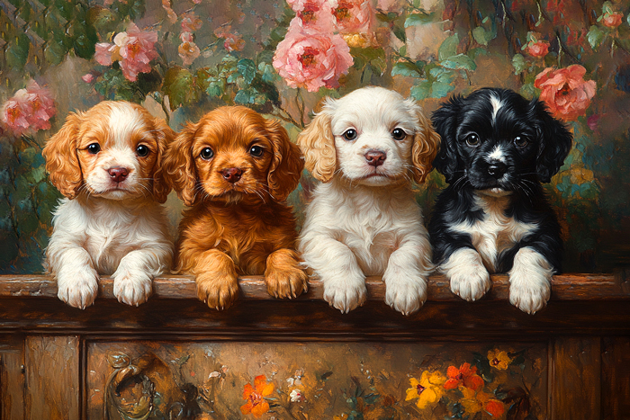 Four adorable king charles cavalier spaniel puppies sit together along a wooden fence adorned with blooming roses creating a heartwarming and vintage-inspired atmosphere. Generative AI