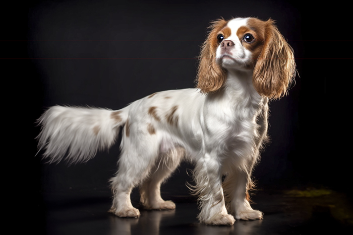 A Cavalier King Charles Spaniel with a silky, white coat accented by chestnut patches, ears and markings around its beautiful large dark eyes. It stands on a dark surface against a black background. The dog's tail is fluffy and its ears are long and wavy. In the picture, it looks attentively to the right, with its body slightly turned in profile to the left.