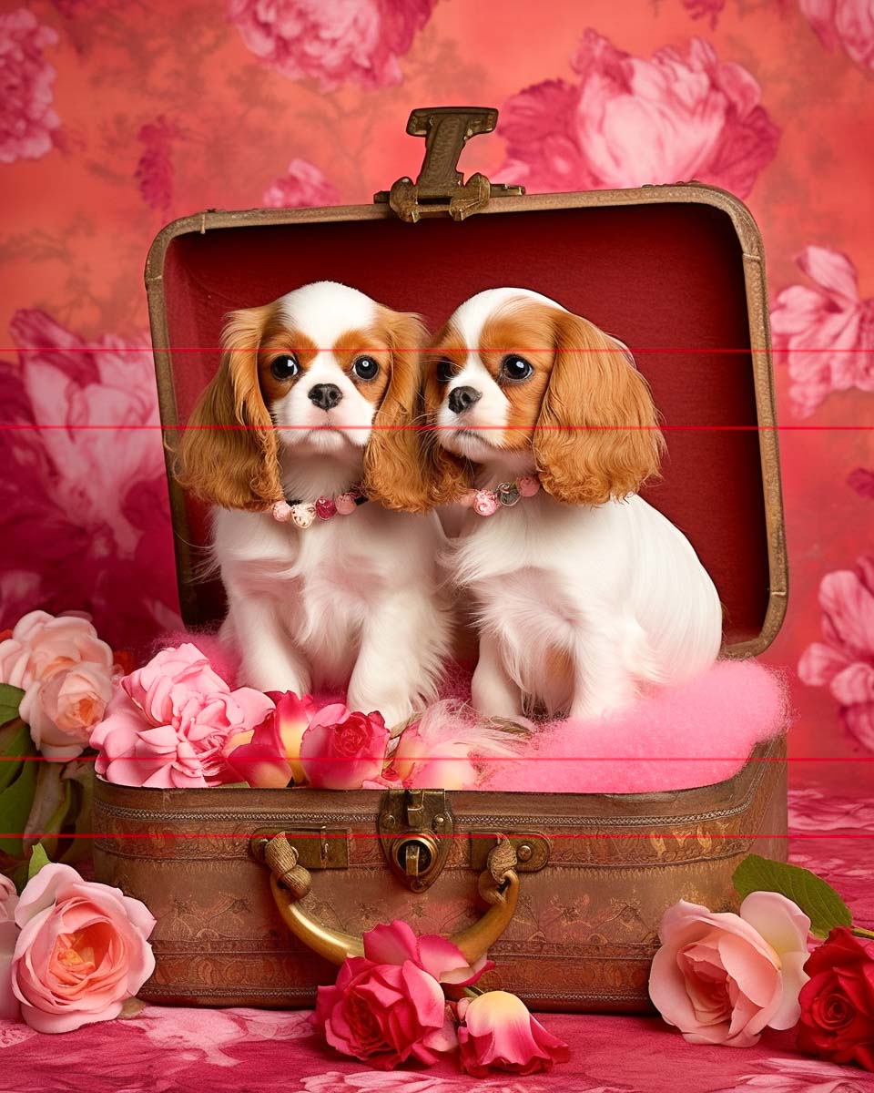 Two Cavalier King Charles Spaniel puppies are sitting inside an open vintage suitcase with pink roses strewn closeby. The puppies have symmetrical blenheim coats, which consist of chestnut markings on a white background, and wear matching pink collars with heart-shaped pendants.