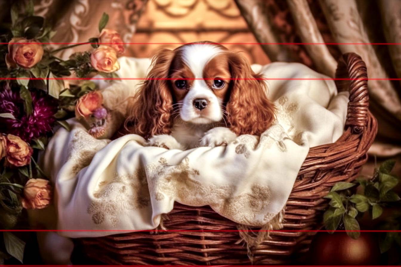 Cavalier King Charles Spaniel sitting snugly inside a wicker basket. The dog has a rich chestnut and white fur pattern with large, droopy ears framing its round, expressive eyes. A soft blanket is draped with a bouquet of roses to the side