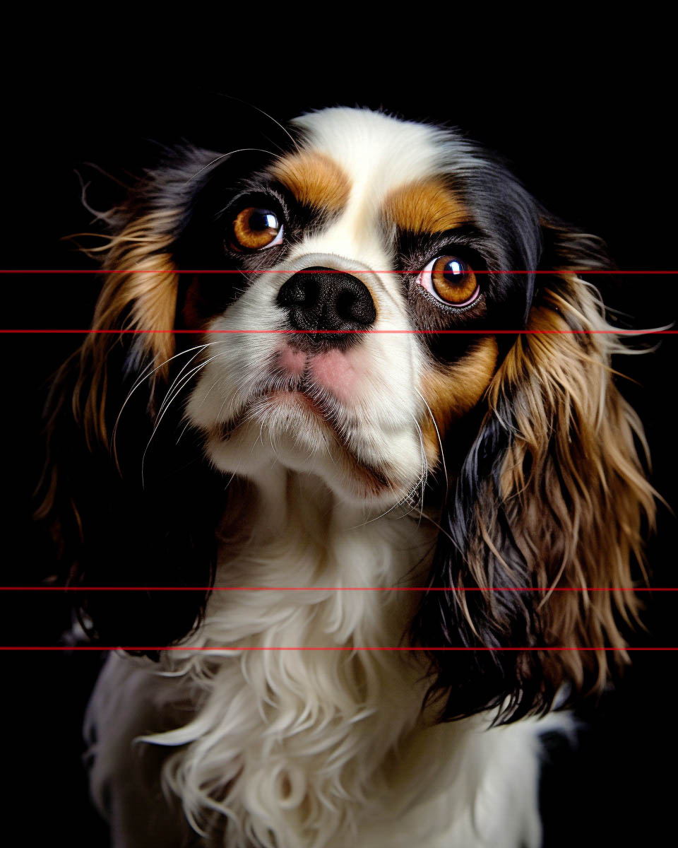 close-up of a Cavalier King Charles Spaniel. The dog has a rich, glossy coat with a combination of colors, including white, chestnut, and black. Intensely expressive brown eyes and a black nose