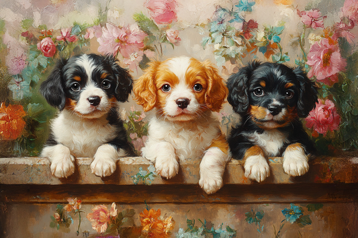 3 adorable king charles cavalier spaniel puppies sit together along a wooden fence adorned with blooming roses creating a heartwarming in this vintage style artwork. Generative AI