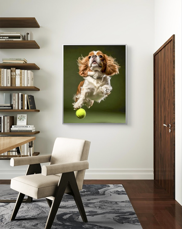 An artfully decorated room features a brick wall with a large framed painting of a Cavalier King Charles Spaniel, flowers, and a blue vase. Below, a plush red velvet sofa and a rustic wooden coffee table create a cozy seating area. Two industrial pendant lights hang from the ceiling.