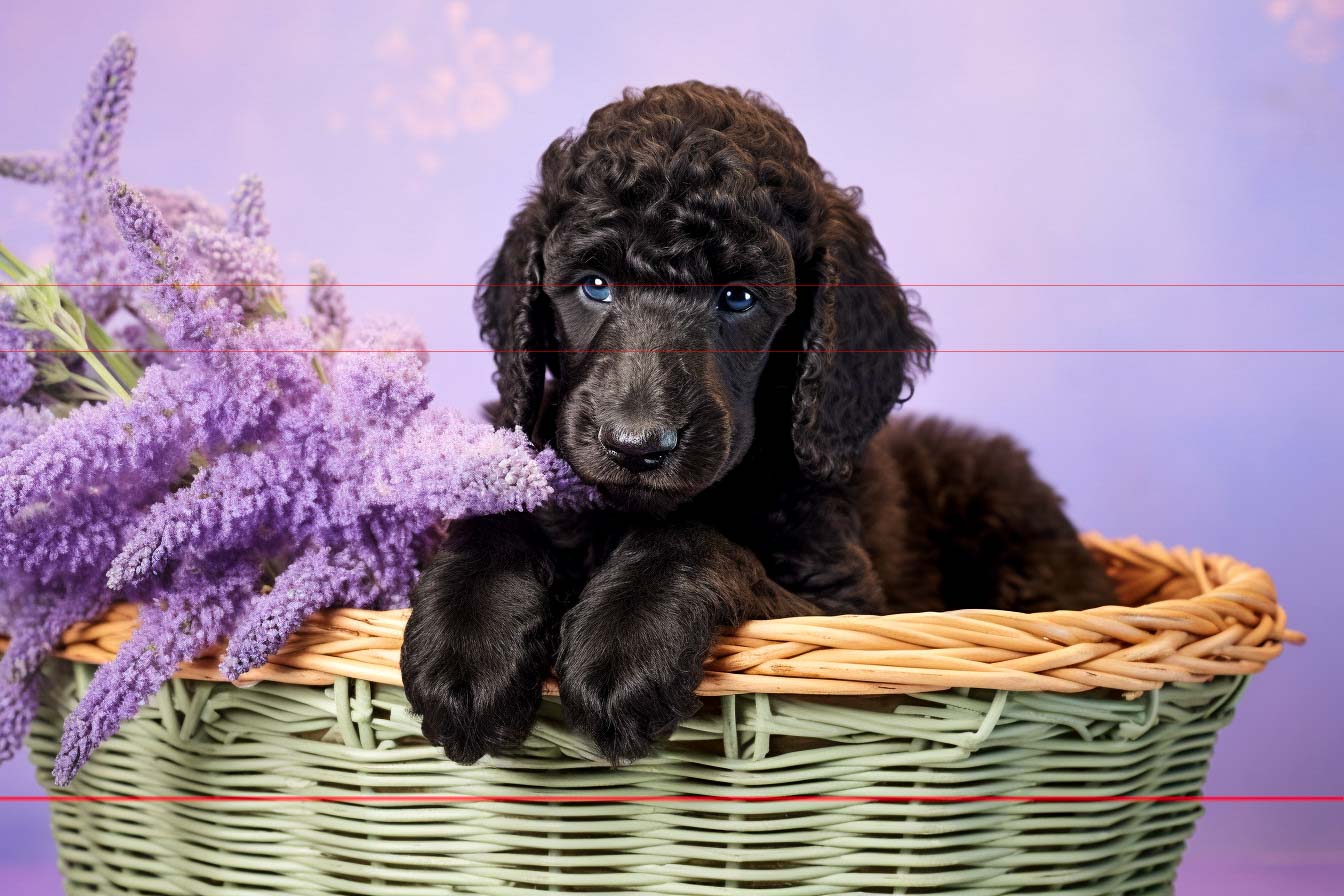 Standard Black Poodle Puppy In Basket With Lilacs