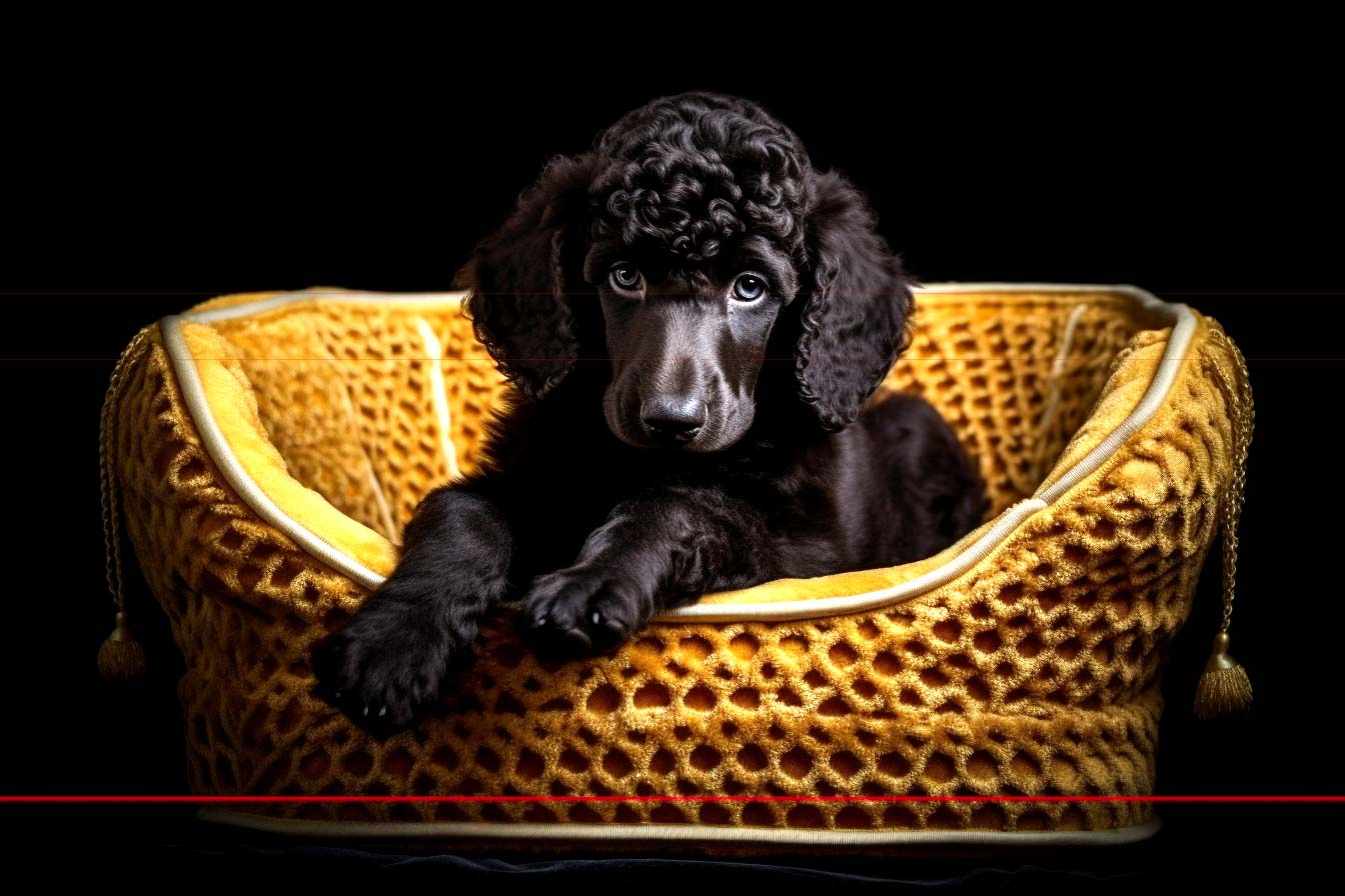 Standard Black Poodle Puppy in Gold Basket