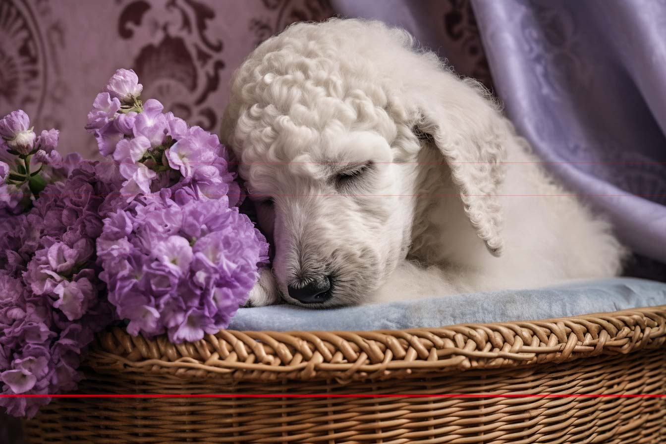 Sleeping White Standard Poodle Puppy with Lilacs
