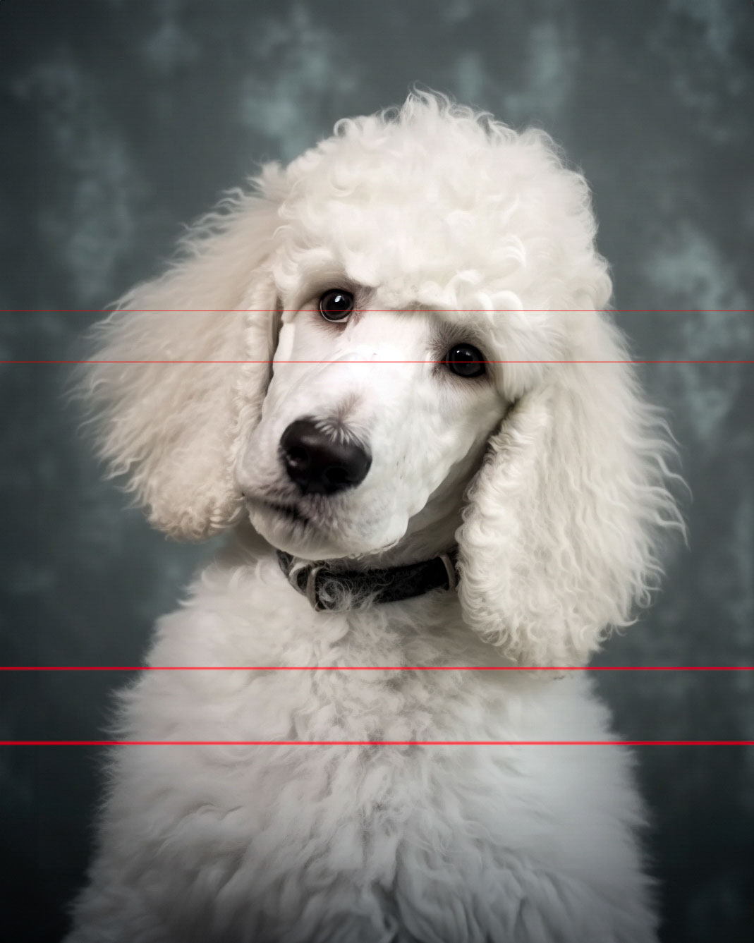 A white curly-haired standard poodle poses against a dark, mottled backdrop in this picture. The dog's head is slightly tilted to the right, and its expressive eyes and floppy ears add to its charming appearance. The poodle's fur is neatly groomed, emphasizing its elegant and fluffy coat.