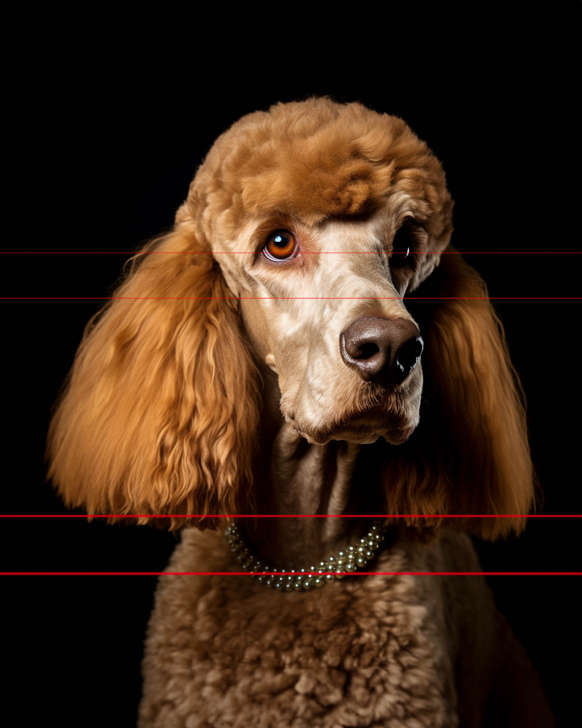 A picture captures a standard poodle with a neatly groomed light brown coat against a black background. The dog has a fluffy head and long, droopy ears, adorned with a string of shiny pearl beads around its neck. The lighting emphasizes the poodle's facial features and fur texture, creating a striking and elegant portrait.