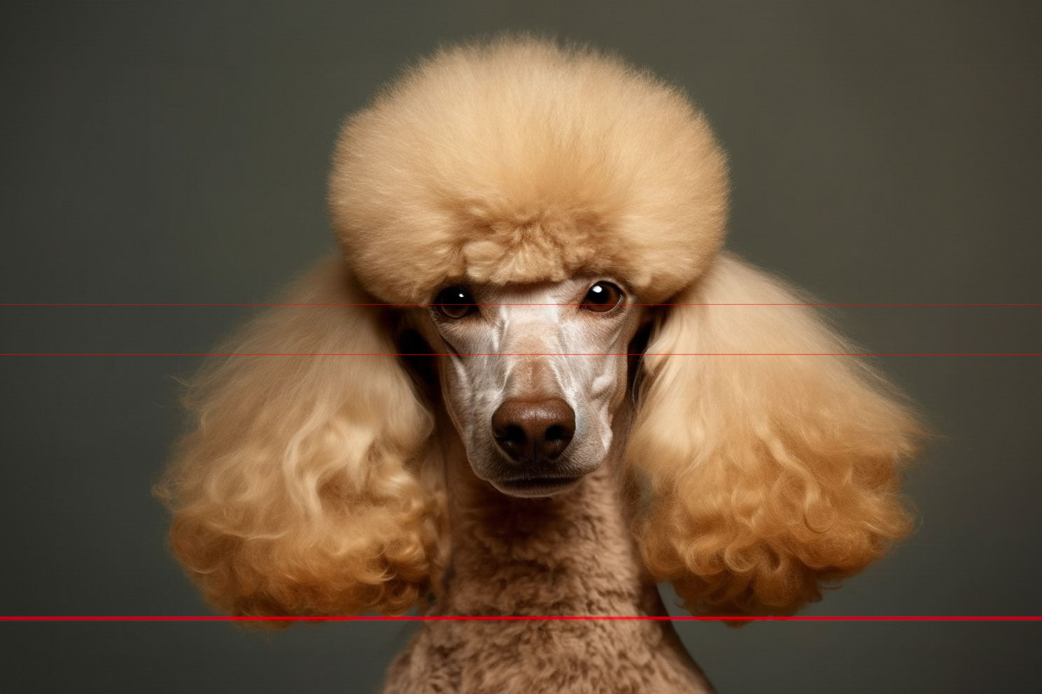 A standard poodle with fluffy light brown fur styled in a classic pompadour cut. The dog's ears are voluminous framing beautiful dark eyes and a large brown nose. The background is a plain, muted green, highlighting the dog's groomed and symmetrical appearance.