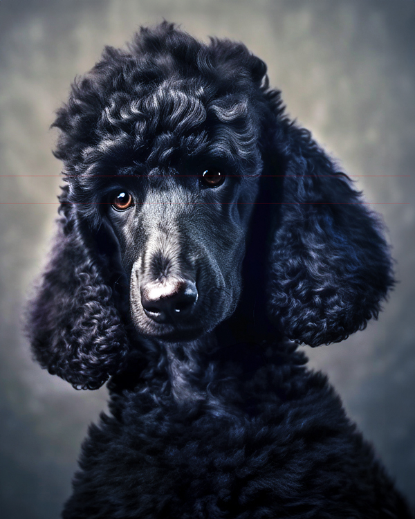 A close-up picture of a black standard poodle facing the viewer with expressive eyes. The standard poodle has curly, well-groomed fur and is wearing a thin chain collar. The background is neutral with a slight gradient, highlighting the dog as the main focus of the image.