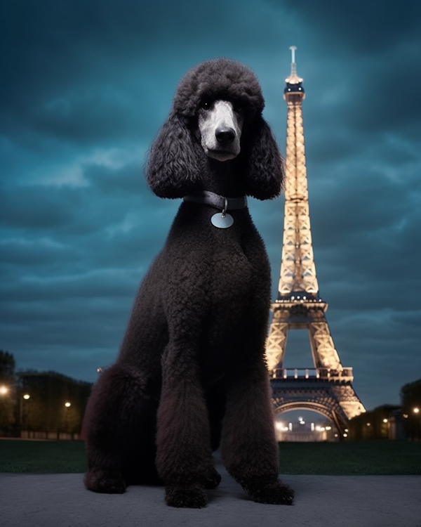 A black poodle sits in a park with the illuminated Eiffel Tower in the background. The sky is dark and cloudy, creating a dramatic setting at twilight.