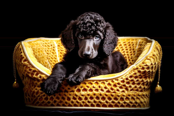 A black standard poodle puppy with curly fur and shiny eyes is comfortably lying in a luxurious, golden-yellow pet bed against a black background. The picture features a bed with a plush, textured surface and decorative golden tassels on its corners. The puppy looks directly at the viewer with an endearing expression.